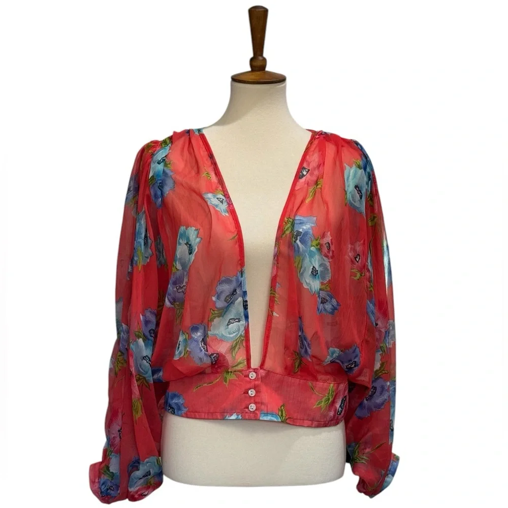 Tramp Red Sheer Buttoned Blouse #10 - Picture 1 of 4